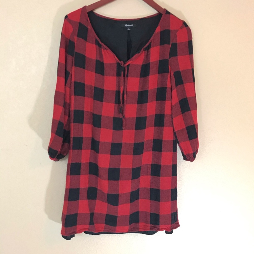 madewell buffalo check plaid tie neck dress euc